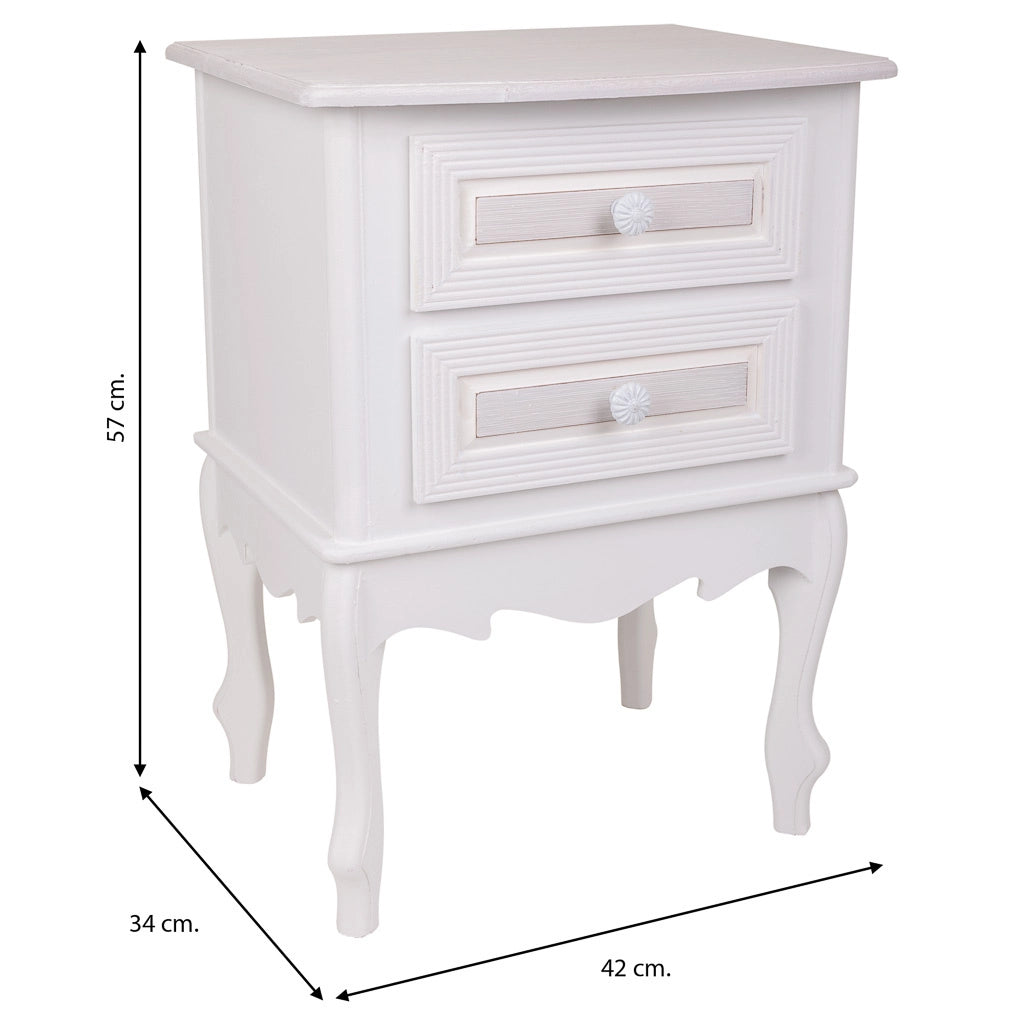 Comodino in legno con 2 cassetti bianchi 42x34x57.