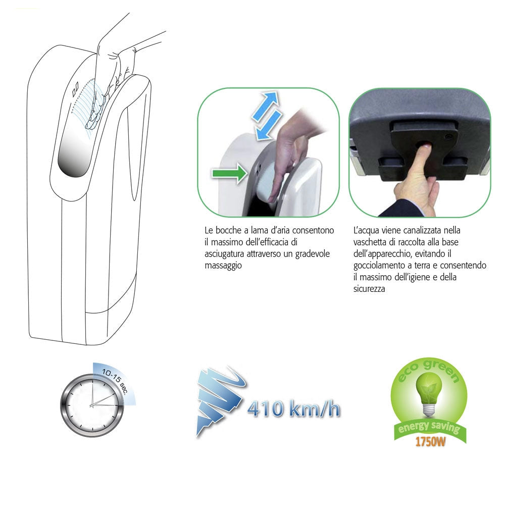 Asciugamani Elettrico con Fotocellula 1750W Vama Tornado Protech BF Bianco
