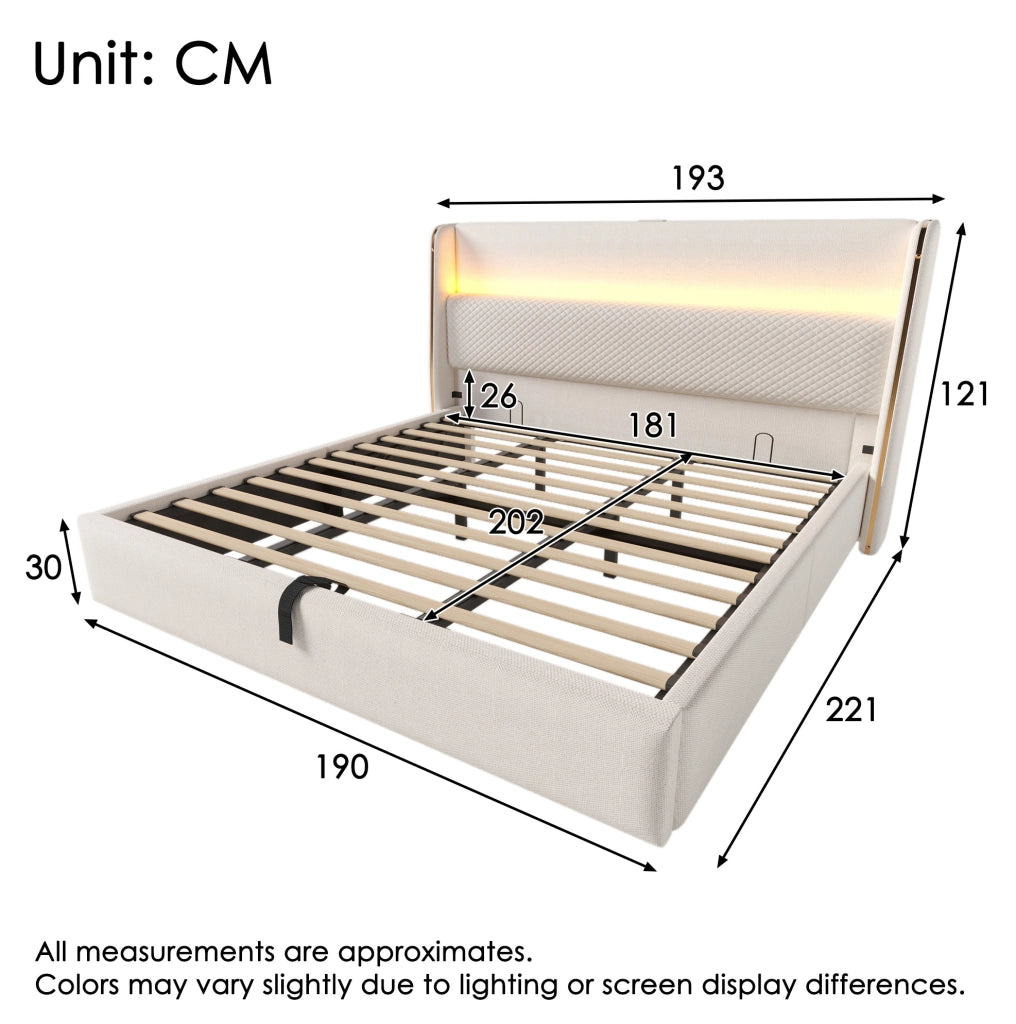 Letto contenitore 180x200 cm con LED e ricarica USB e Type C in lino beige