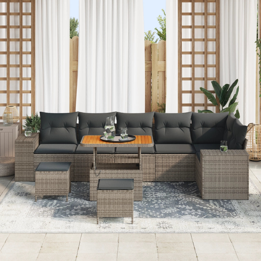 Set Divano da Giardino 9 Pezzi con Cuscini Grigio Polirattan Acacia