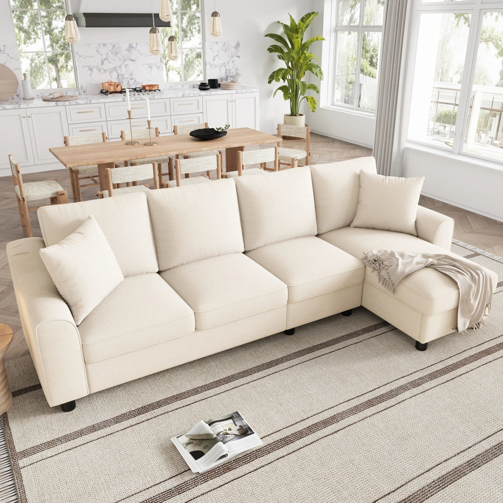 Divano a tre posti, divano ad angolo, tessuto chenille, vano portaoggetti, portabicchieri, design modulare, beige