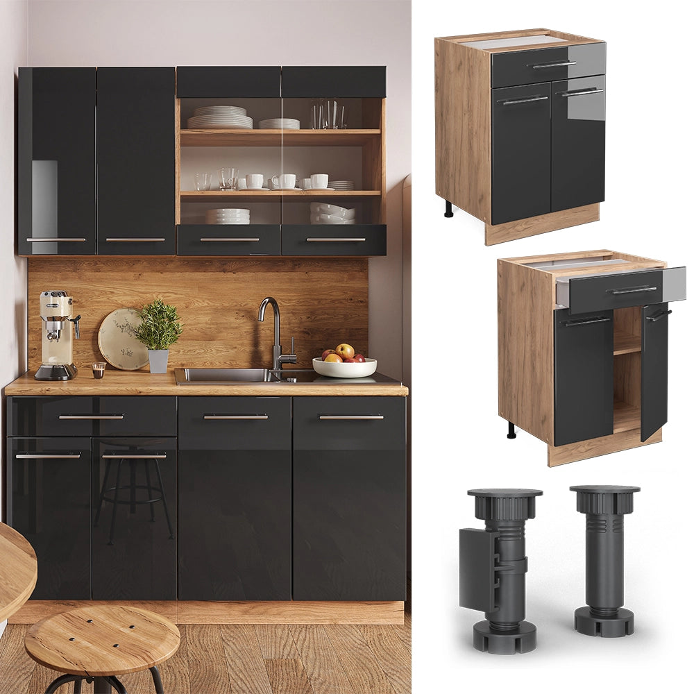 Mobiletto base per cucina Fame-Line Antracite lucido/Rovere dorato 60 cm con cassetto, PL Marmo Vicco