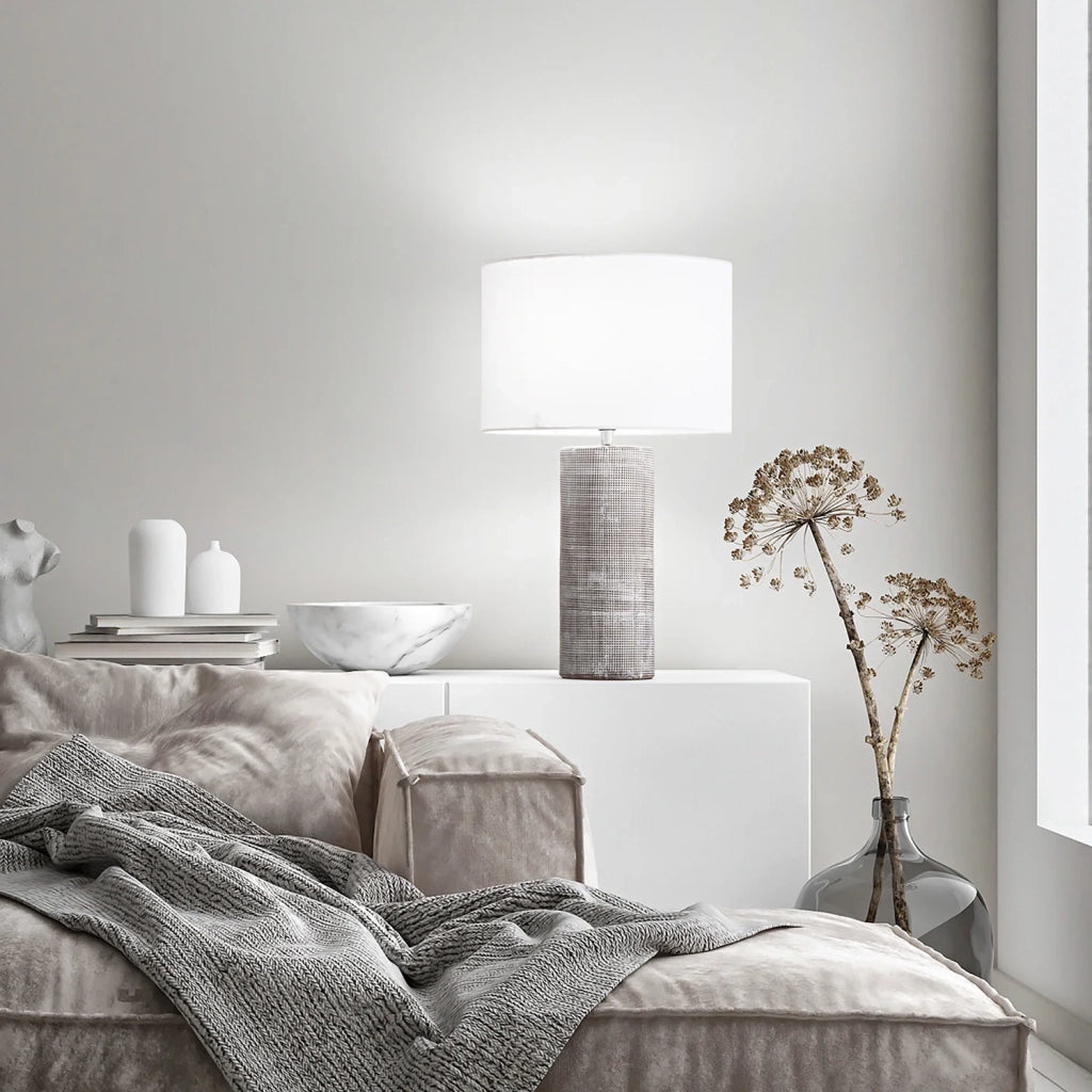 Lampada Tavolo Contemporanea Tribale Ceramica Cemento Tessuto Bianco 1 Luce E27