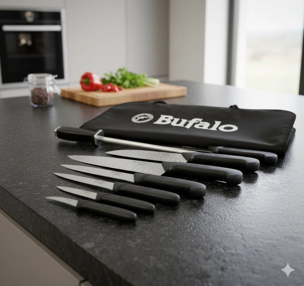 Set Coltelli 8 Pezzi Multiuso con Fodero Bufalo Kit Pro Manico Nero