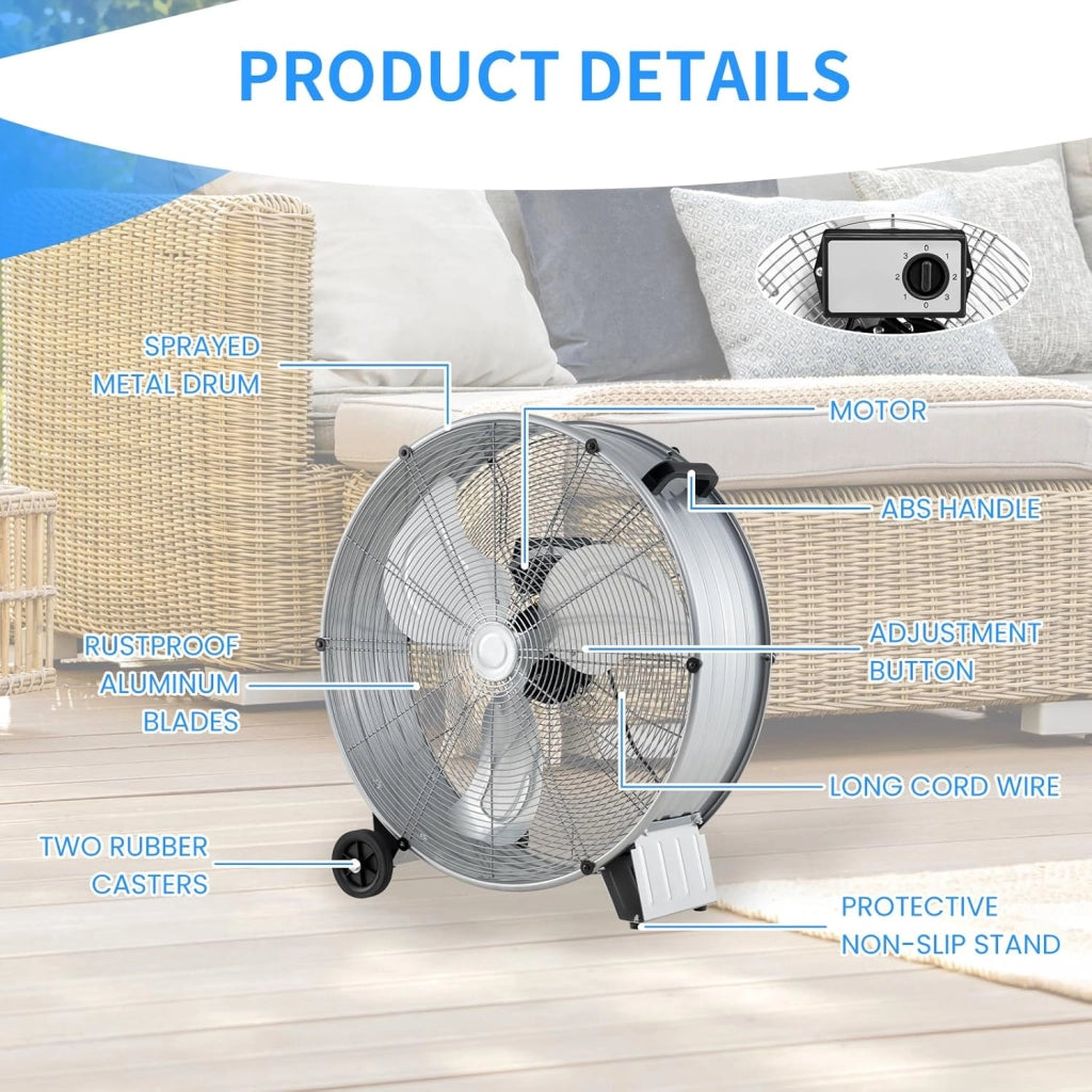 Ventilatori da Pavimento, 3 Velocità di Vento Regolabili, Ventilatore Industriale in Metallo, 2 Ruote in Gomma, per Magazzino, Officina, Cantina, Ufficio, Ø60 CM (Argento bianco)