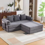 Divano Modulare con Pouf ¨C MINIMAL ¨C Tessuto a Coste, Grigio Scuro, Cuscini, Tasche Laterali