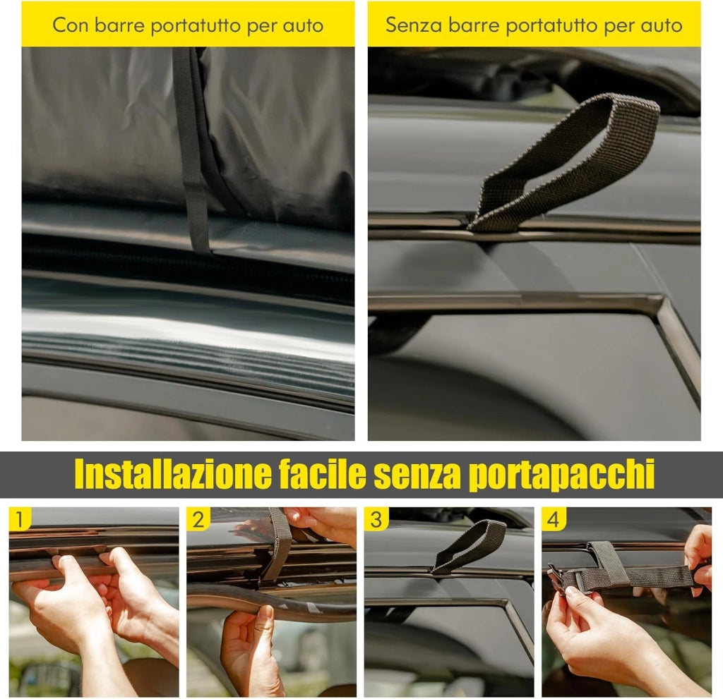 Borsa da Tetto per Auto Impermeabile 15Cu.Ft/425L, Box Tetto Universale con Tappetino Antiscivolo+ 12 Cinghie+ 6 Ganci, Sacca per Auto con/senza Barre Portapacchi(Nero)