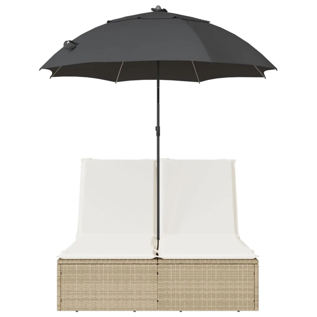 Lettino Prendisole Doppio Cuscini e Parasole Beige Polyrattan