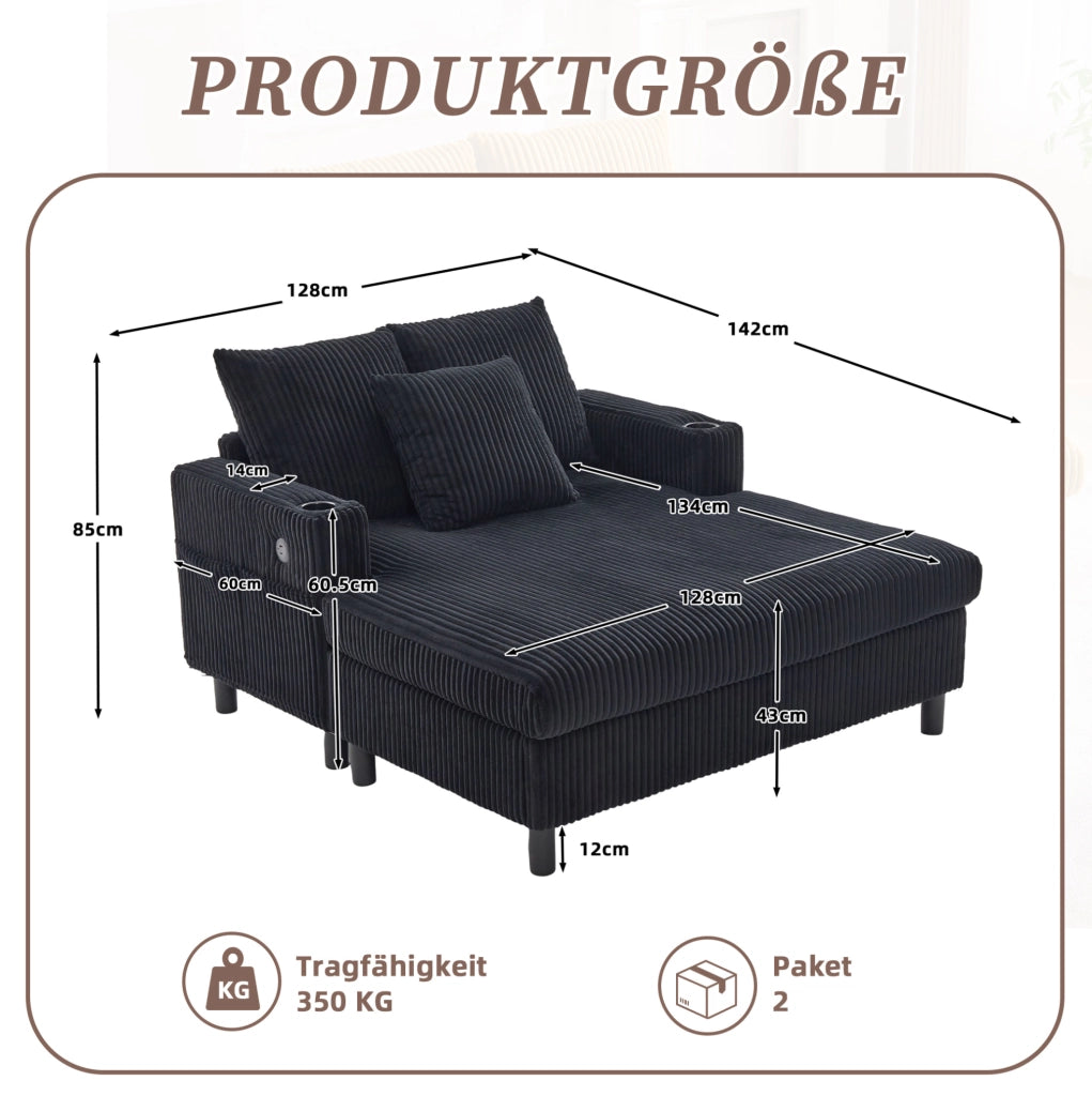 Poltrona relax 142x128x85 cm con LED; porta bicchiere e USB in corduroy nero