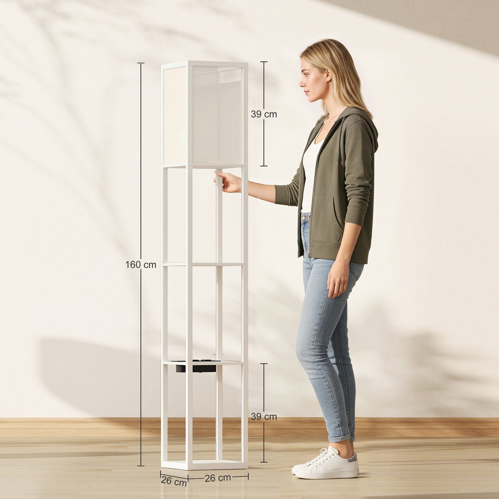 Lampada da Terra 26x26x160 cm Struttura con Ripiani Luce Regolabile Interruttore a Pedale e Porte USB in MDF Bianco