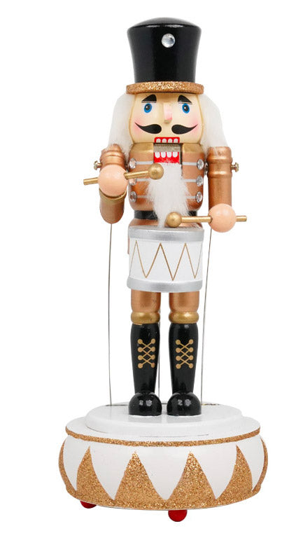 Soldato Schiaccianoci Natalizio H32 cm in Legno con Musica e Movimento Bianco e Oro