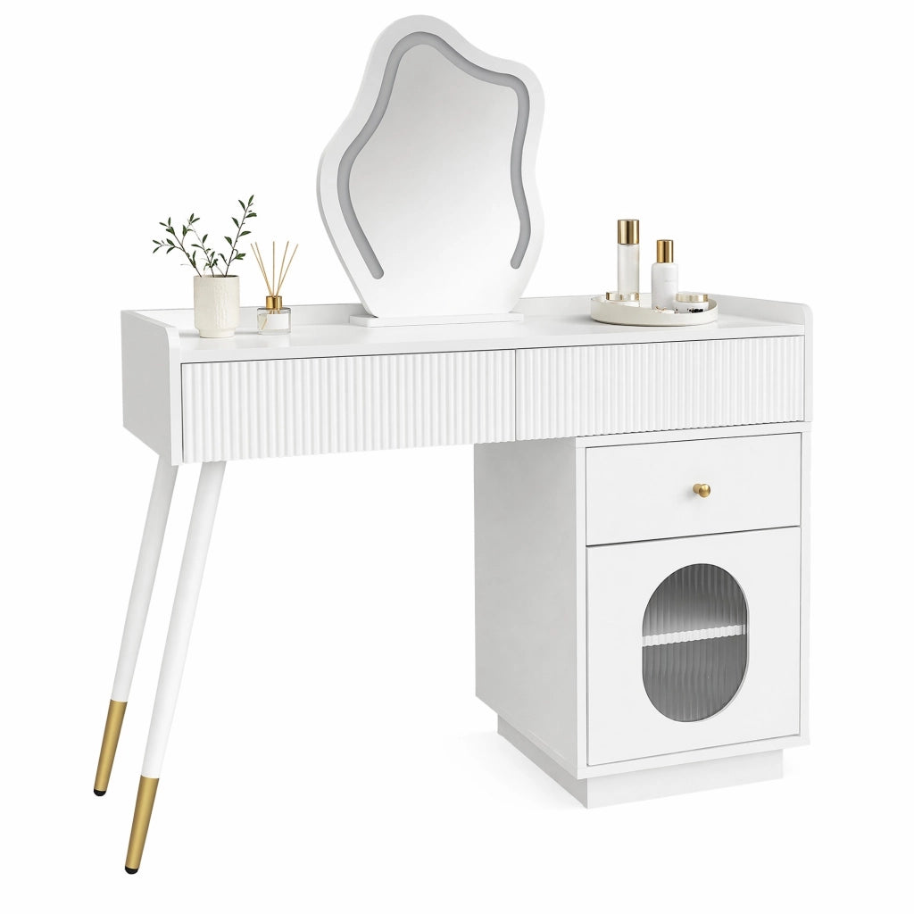 Tavolo da trucco con specchio LED e illuminazione, colore bianco, con due cassetti e mobile laterale, 100 x 75 x 40 cm