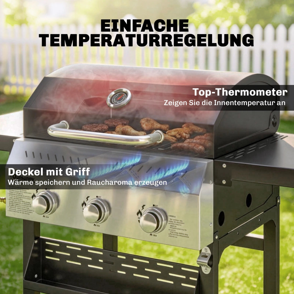 Grill a Gas 9 KW 3 Bruciatori Carrello BBQ in Acciaio Inox ¨C zephmum ¨C Grigio