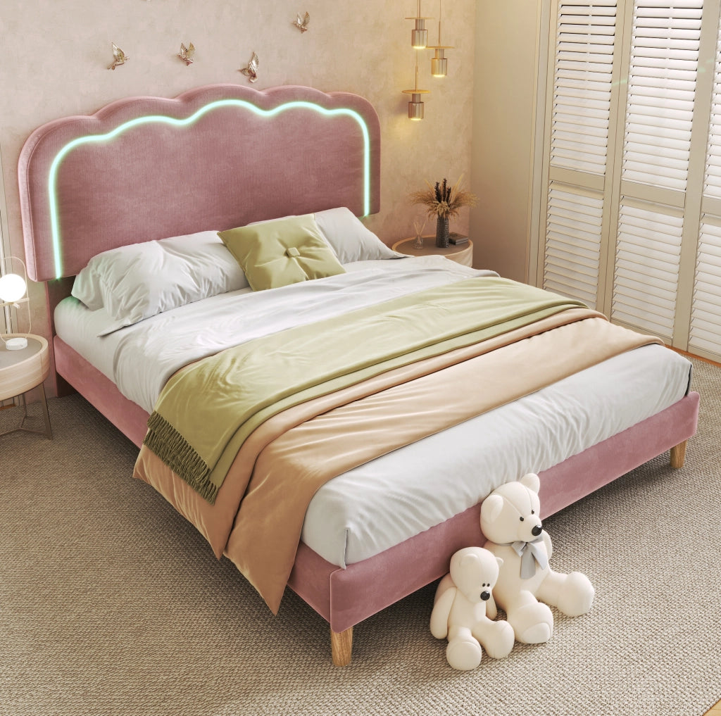 Letto matrimoniale 140x200 cm con testiera LED regolabile in velluto rosa