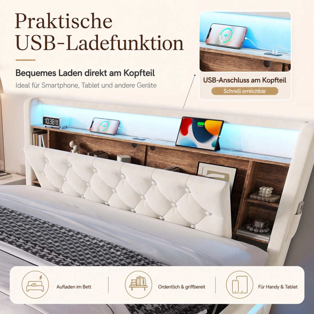 LETTO Contenitore 180x200 cm in velluto Beige con testiera multifunzione