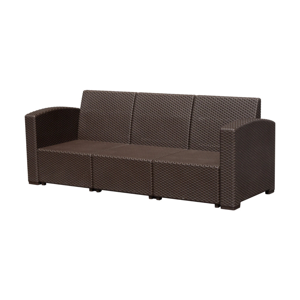 Easycomfort Divano a 3 Posti in PP Plastica ad Effetto Rattan, Divano da Giardino con Cuscini, Marrone e Champagne, 199x71x75cm