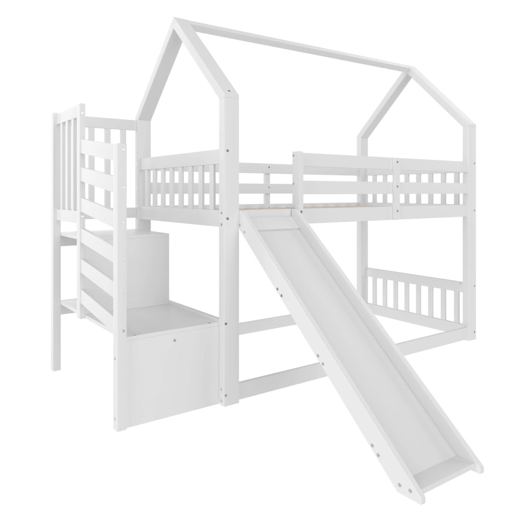 Letto a castello con scivolo e scala contenitore, casa letto per bambini