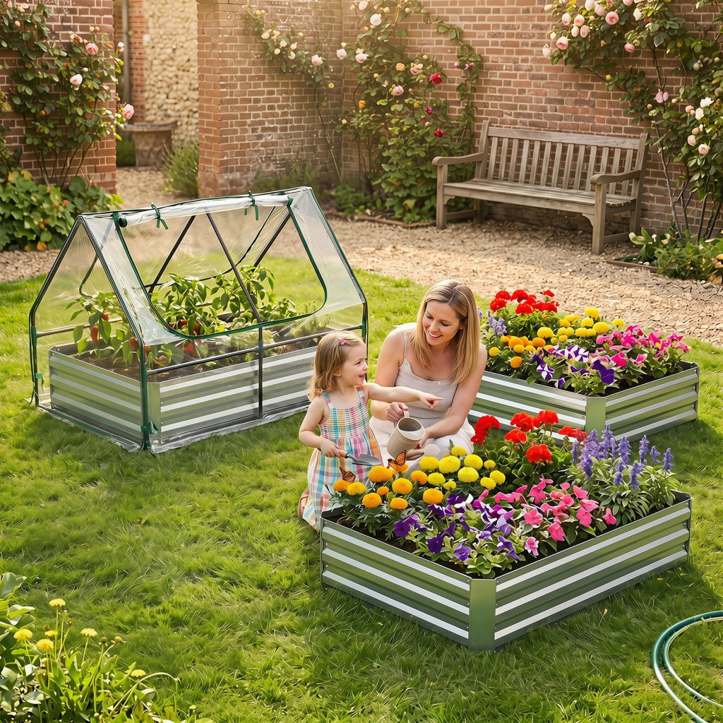 Mini serra orto rialzato zincato con drenaggio esterno, Fioriera da giardino con cassone per terrazzo 127x97x93cm