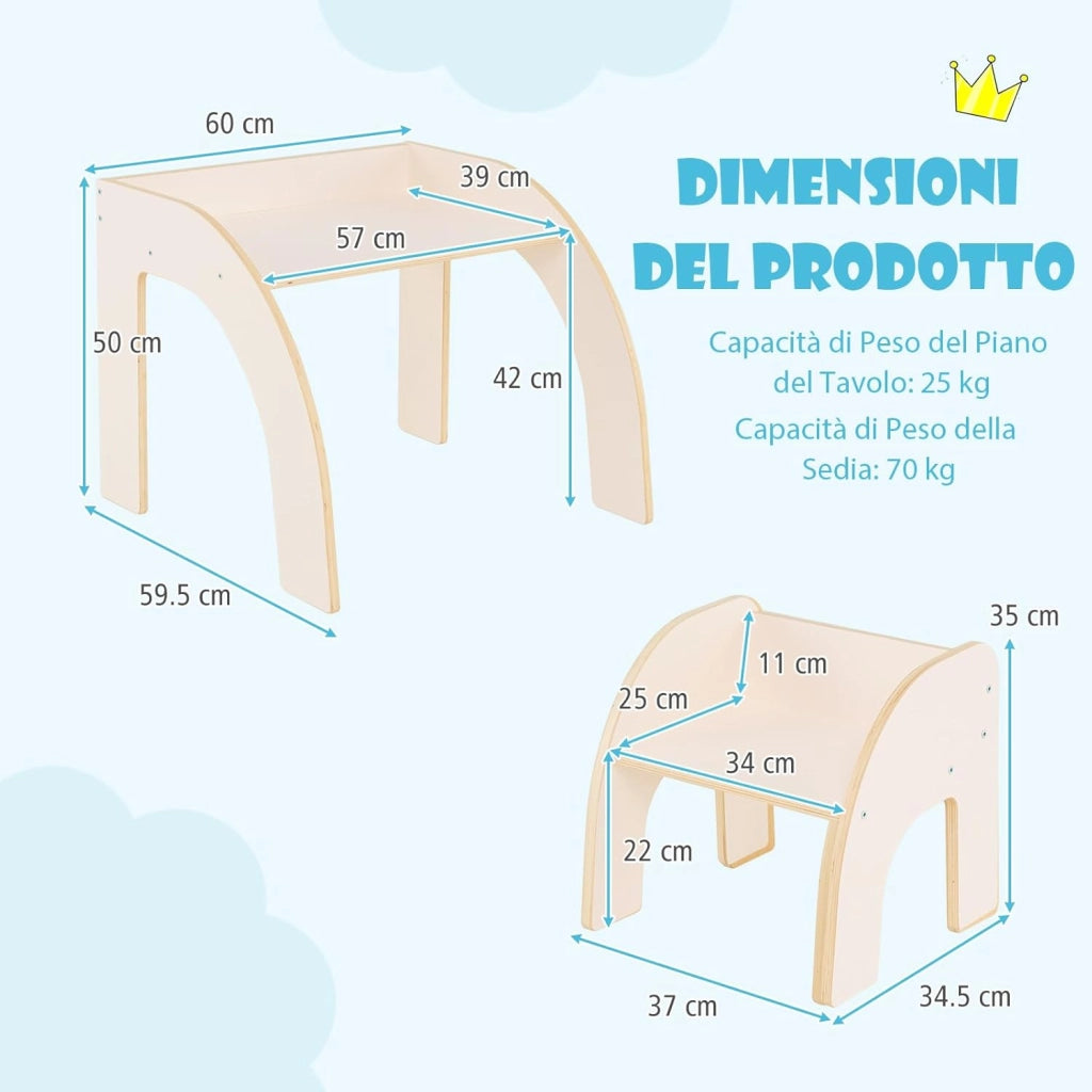 Set Tavolo e Sedie per Bambini 3+ Anni, Tavolino Legno con Sedie per Cameretta con Bordo Curvato e Ampio Piano, Mobile Salvaspazio per Camera da Letto, Soggiorno e Asilo (Bianco)
