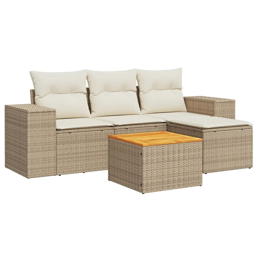 Set Divano da Giardino 5 pz con Cuscini Beige in Polyrattan