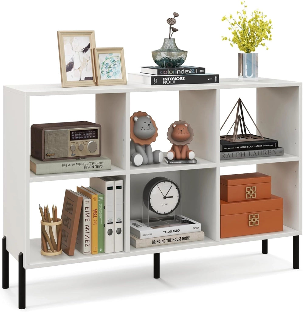 Scaffale a 6 Cubi, Libreria Aperta in Legno con Gambe Metalliche, Ripiani Regolabili in 5 Posizioni, Dispositivo Antiribaltamento, Scaffale per Casa e Ufficio, 120 x 35 x 79,5 cm (Bianco)
