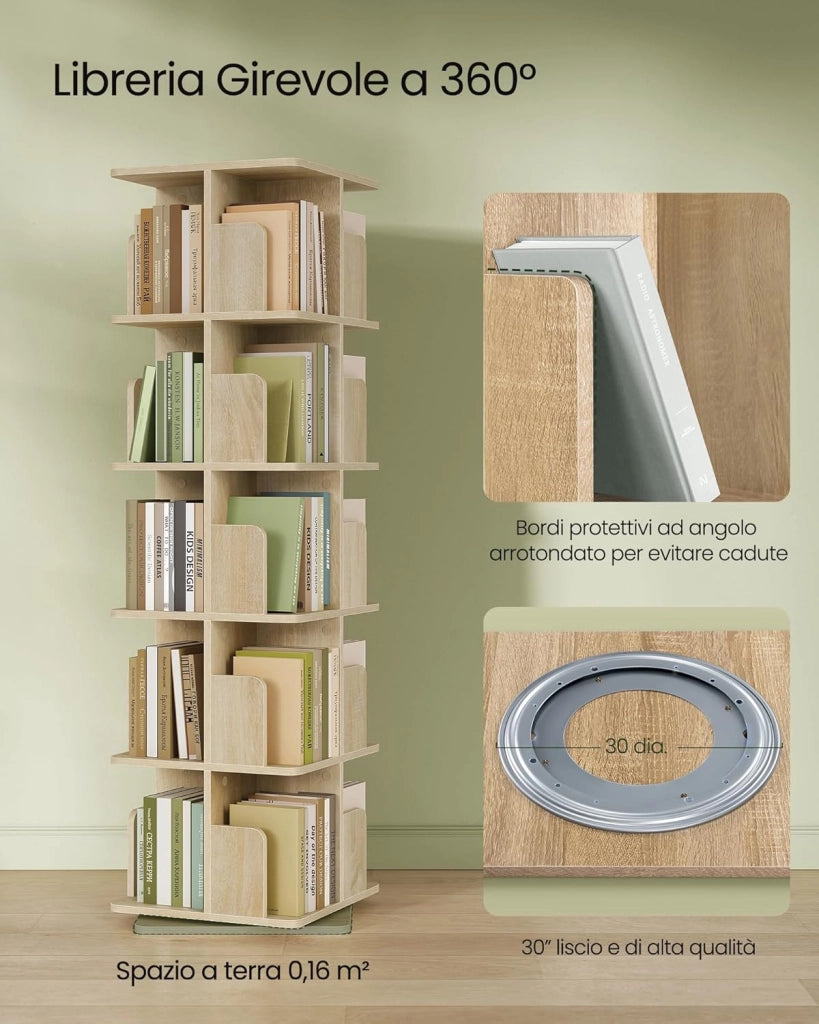 Libreria Girevole a 5 Livelli, Libreria Alta e Stretta, Scaffale d'Angolo a Pavimento, Scaffale Girevole per Libri, Rovere Chiaro