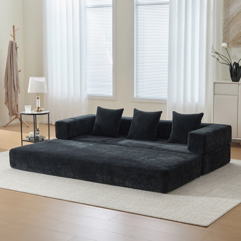 Divano modulare in chenille con tasche laterali e base antiscivolo - nero
