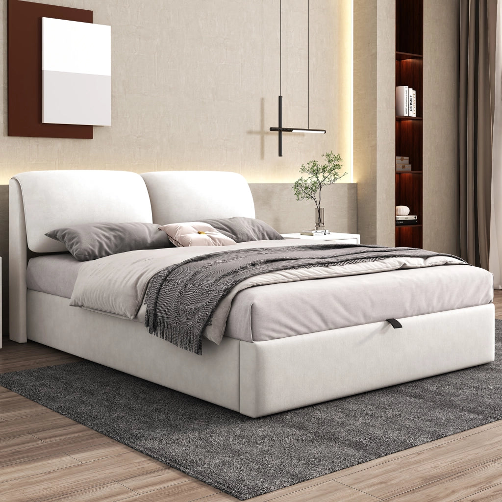 Letto imbottito 140x200 in velluto beige con contenitore, 3 cassetti, testiera e rete a doghe