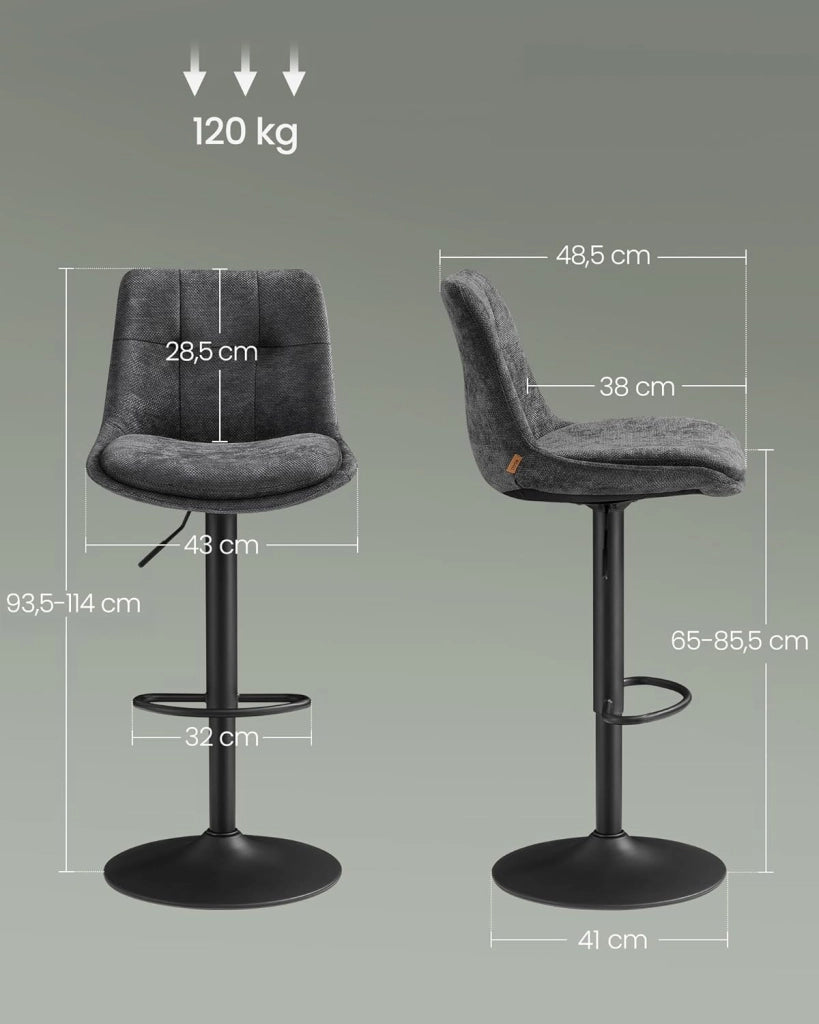 VASAGLE Set di 2 Sgabelli da Bar, Sedie da Bar Girevoli Regolabili in Altezza, Flanella, Sedie da Cucina con Schienale e Poggiapiedi, Sala da Pranzo, Bancone, Acciaio, Grigio Ardesia LJB195G02