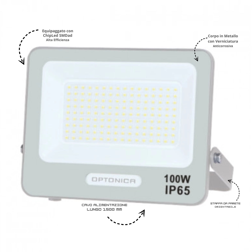 Optonica proiettore led smd corpo bianca luce naturale 100 watt 9000 lumen