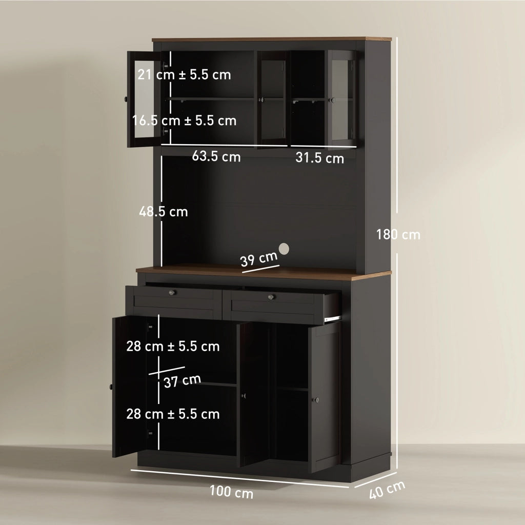 Credenza Cucina Alta con 4 Armadietti, 2 Cassetti e Piano Centrale, 100x40x180 cm, Nero