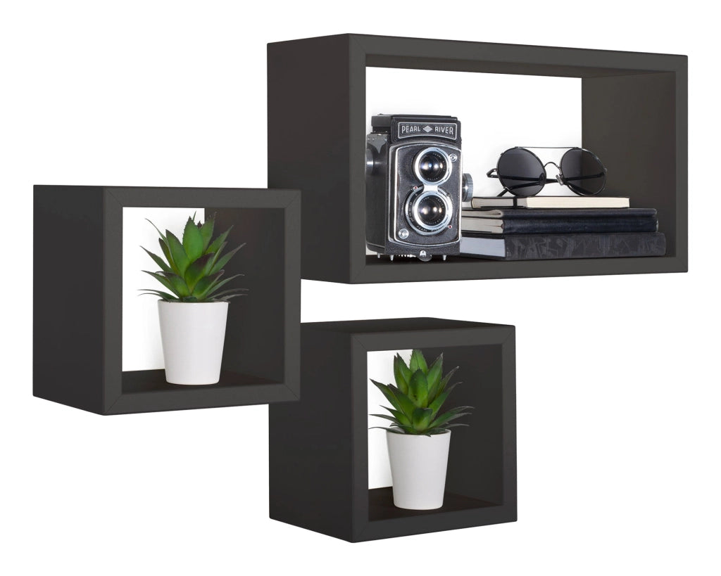 Set 3 Mensole Cubo da Parete Quadrato e Rettangolare in Fibra di Legno Tribù Nero