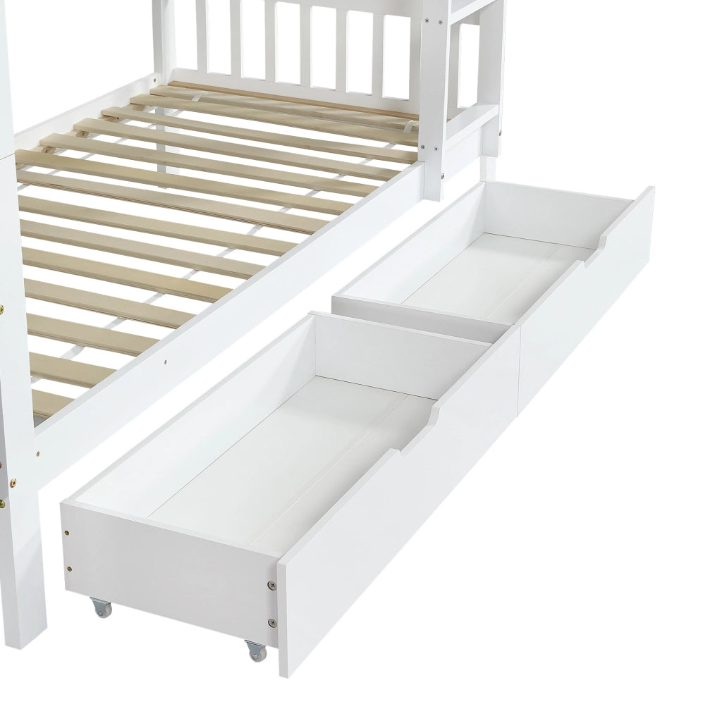 Letto a castello per bambini 90x200 cm bianco in legno di pino e MDF; con scala reversibile e spazio contenitivo