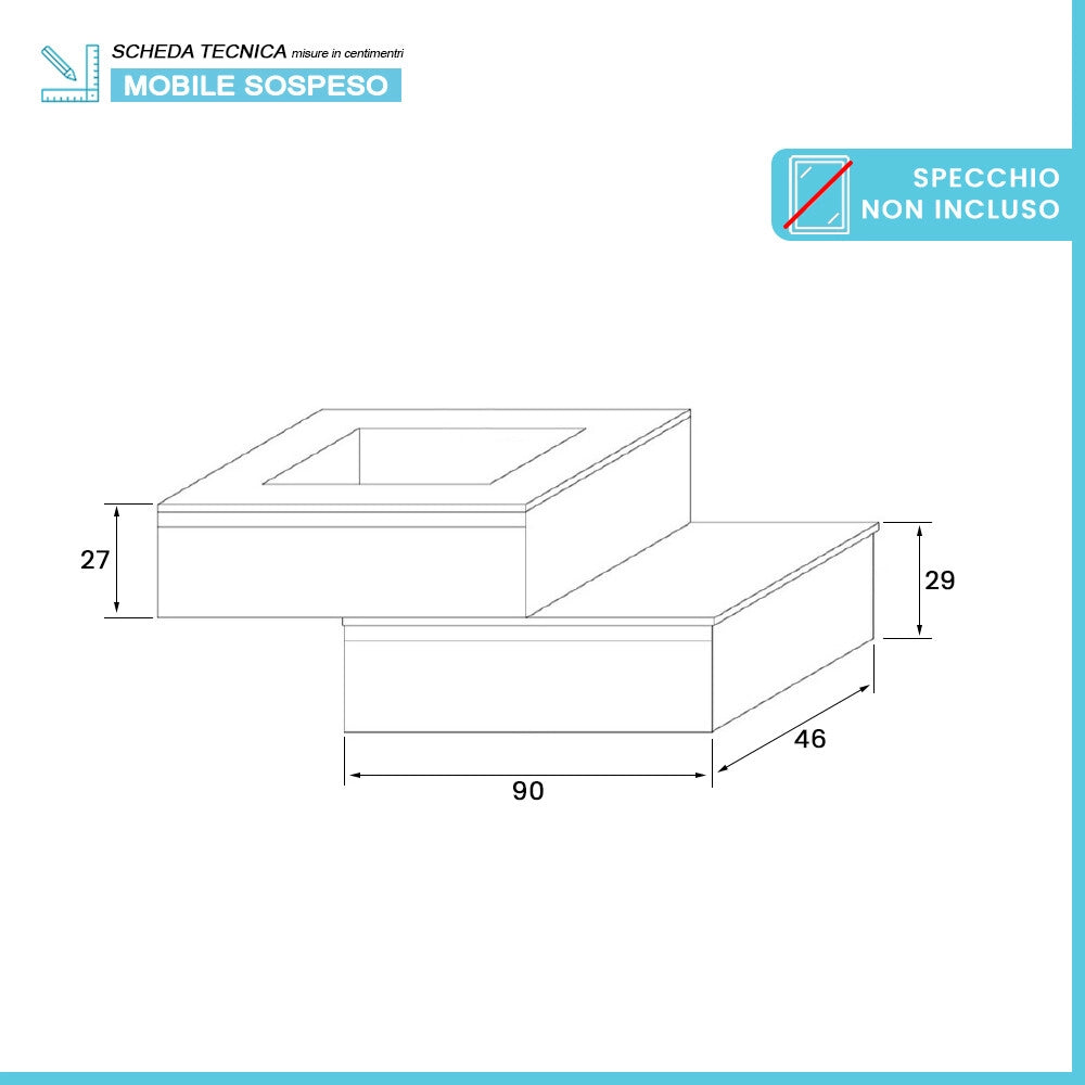 Mobile bagno sospeso 90 cm rovere bianco con base lavabo e cassetto Nadia