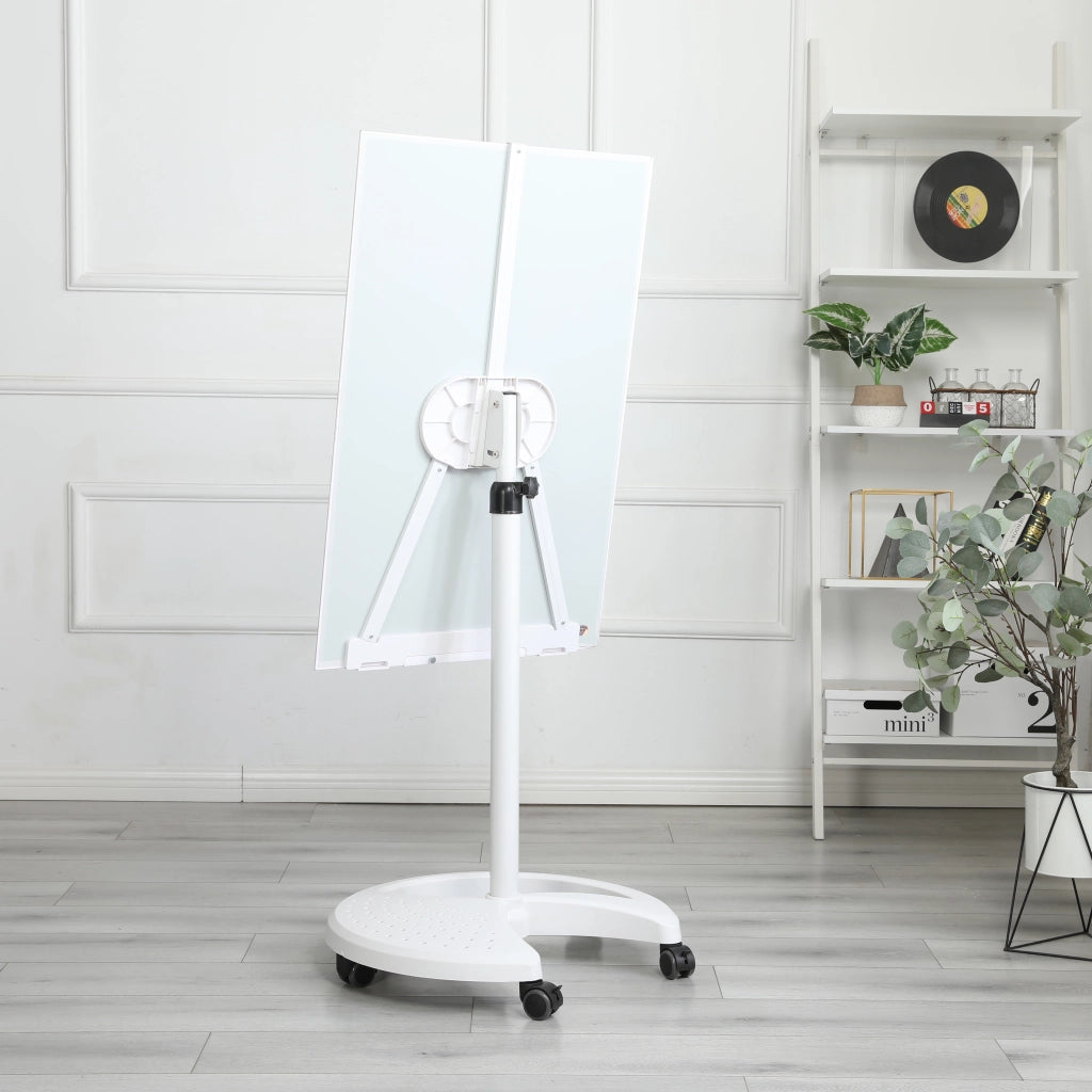 Lavagna magnetica in vetro temperato bianco 90 x 60 cm, regolabile in altezza e inclinazione, con ruote bloccabili