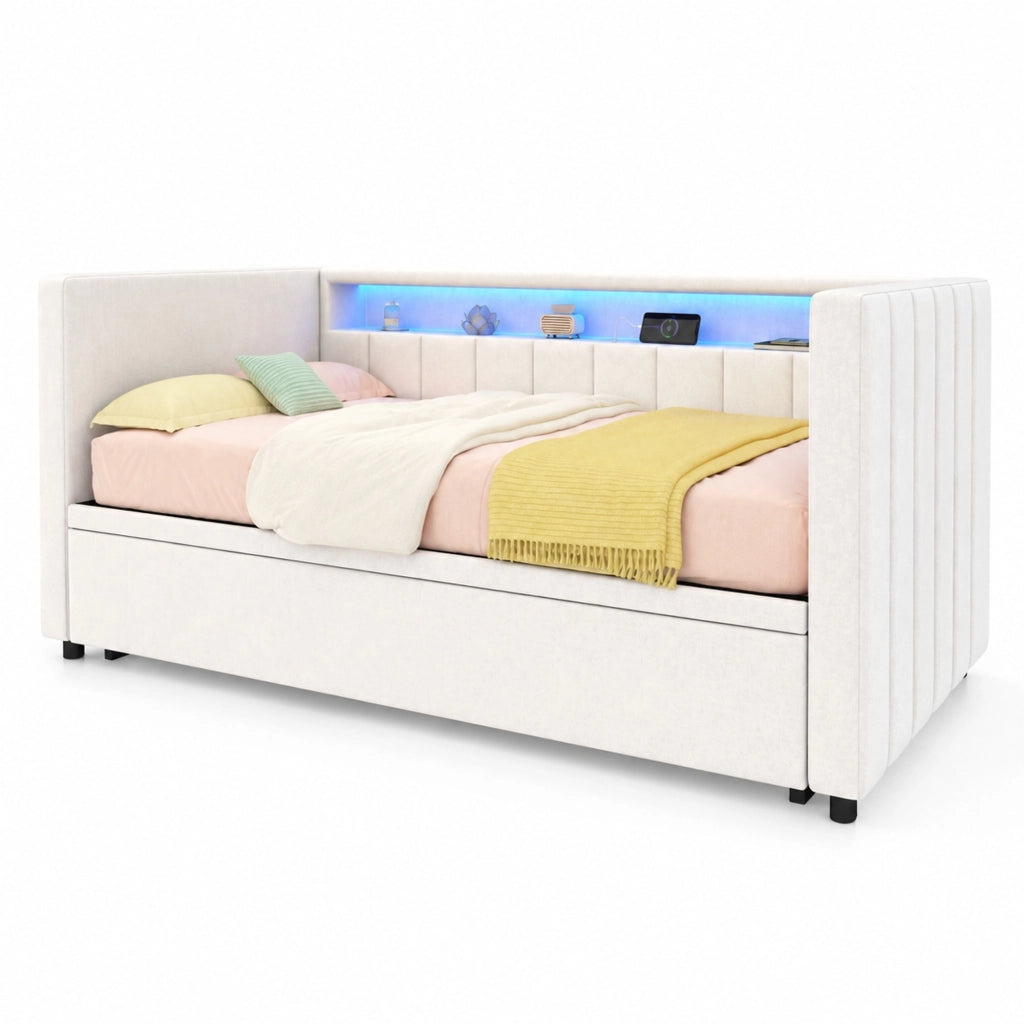 Divano letto estraibile in velluto beige 90x190 cm con LED; USB Type-C e contenitore