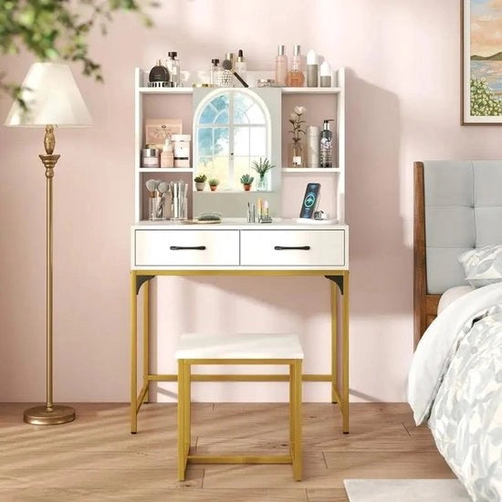 Set di specchi per la camera da letto con carrello, caricatore, piano apribile e specchiera, bianco