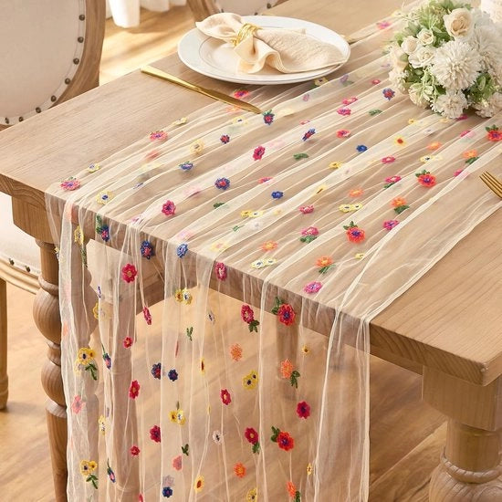 Runner da Tavolo Champagne Beige – Fiori Ricamati (Margherita) – Tulle Runner da Tavolo 75 x 300 cm – Decorazione per Tavolo, Matrimonio e Festa