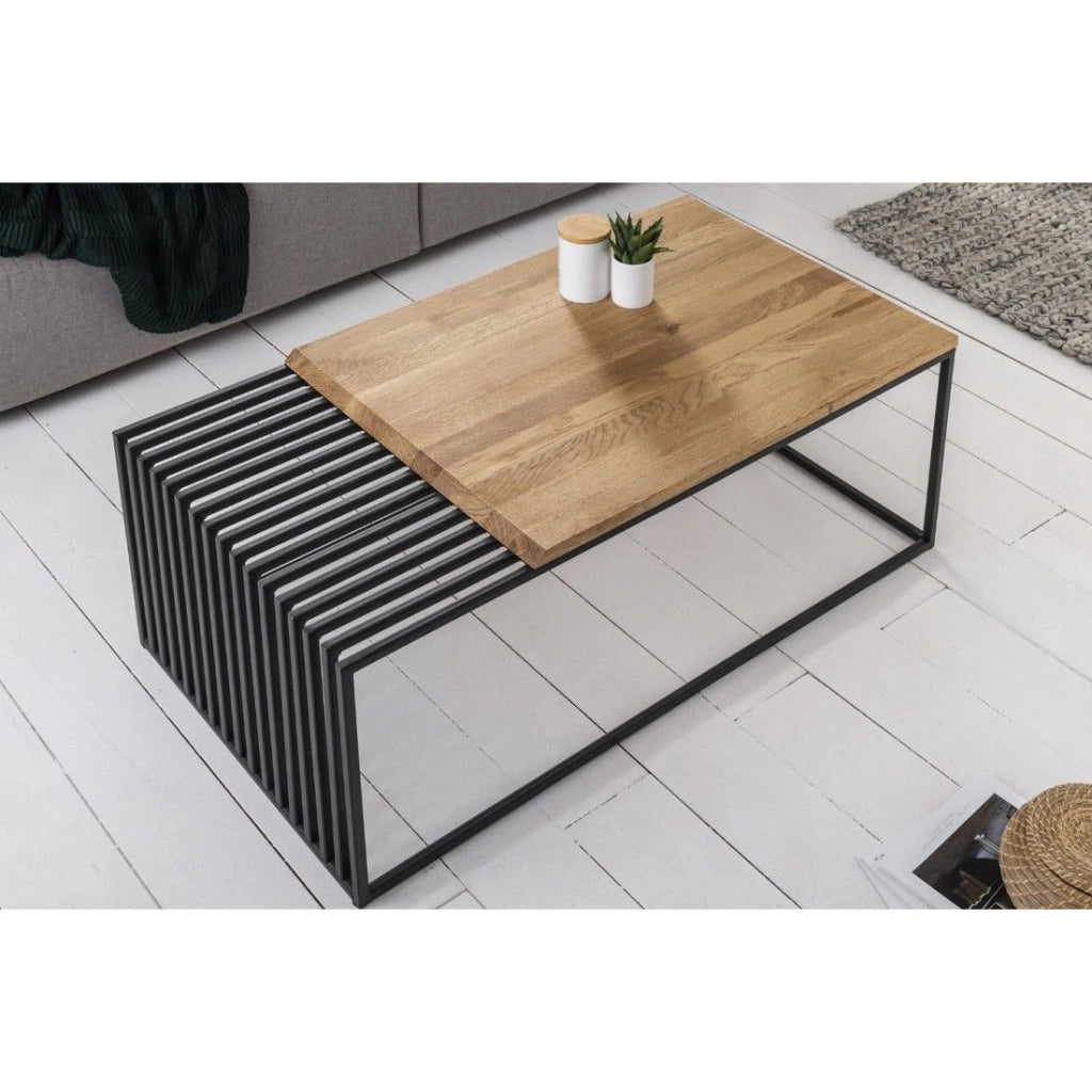 Tavolino basso ABITTA rettangolare 100 cm in quercia e metallo – Moderno con piano misto legno e metallo traforato