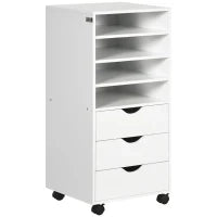 Cassettiera da Ufficio con 4 Ruote 4 Ripiani 3 Cassetti, Legno Bianco