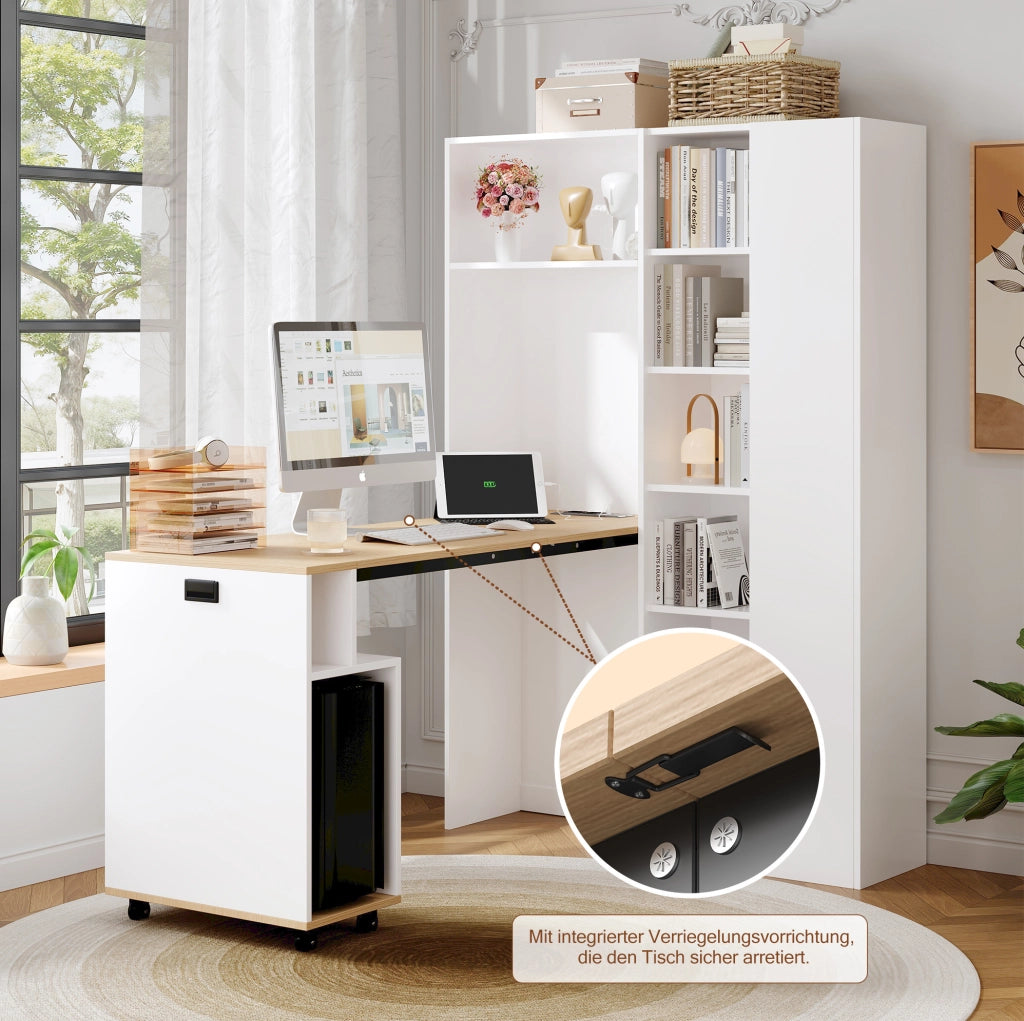 Scrivania pieghevole 2 in 1 con libreria; presa EU e USB; 104;5x30;5x160 cm; bianco rovere