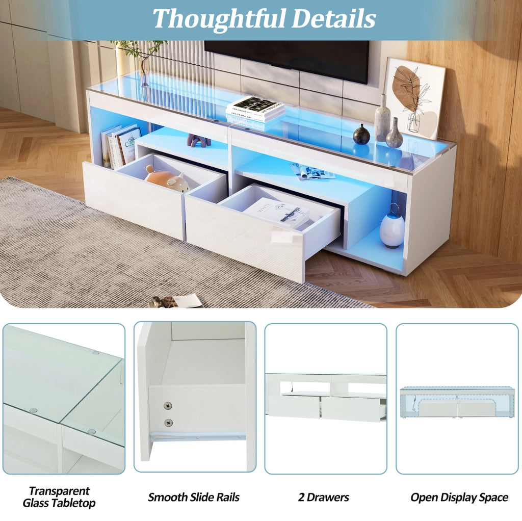 Mobile TV ULEVR 180x40x46 cm con LED dimmerabile, 2 cassetti e vetro temprato, bianco