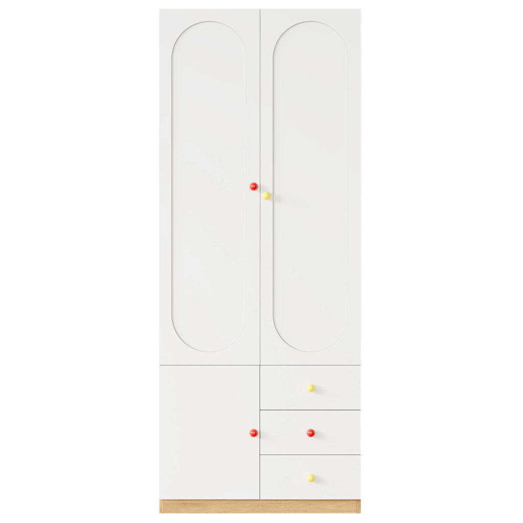 Armadio per bambini, 3 cassetti, maniglie in ceramica colorata, finitura effetto legno, bianco