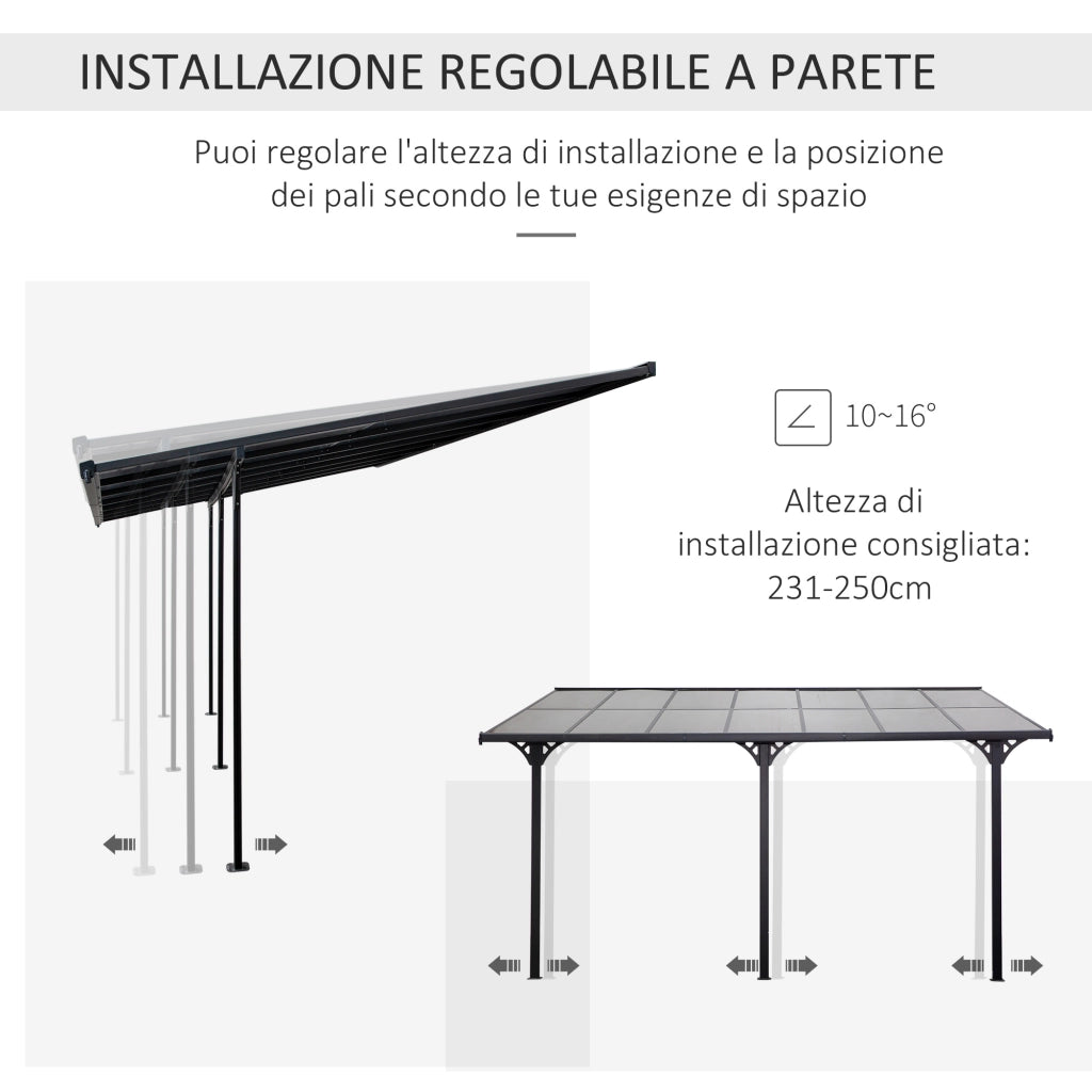Pergola Addossata da Giardino 4.4x3m Regolabile in Policarbonato e Alluminio. Grigio