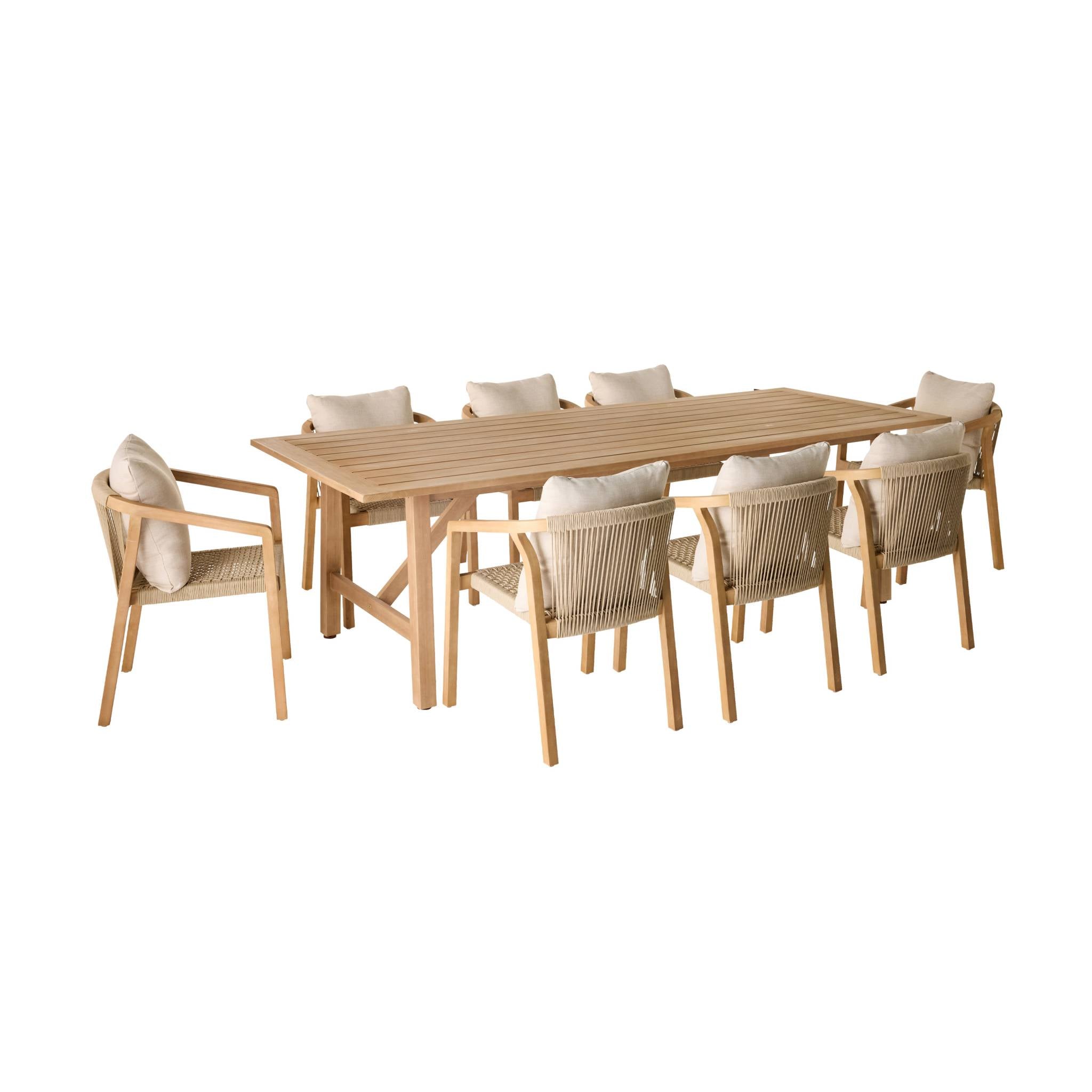 Tavolo da giardino in legno di eucalipto e corde 8 sedie, beige