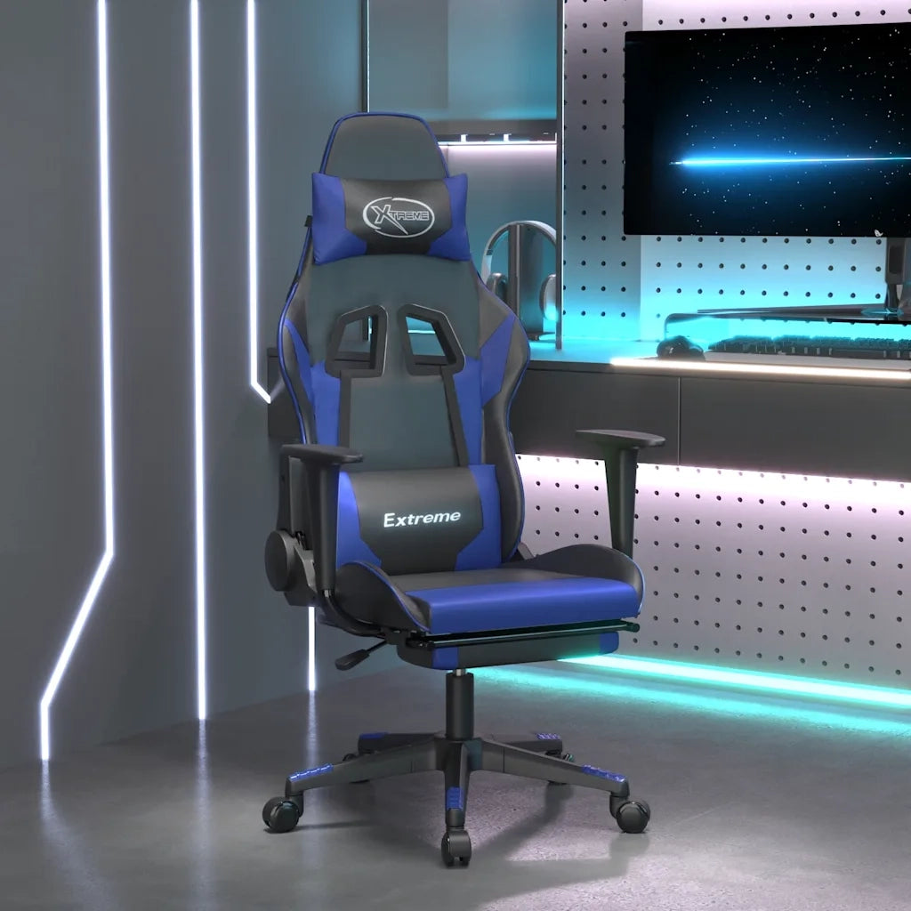 Sedia da Gaming | Sedia da e-sports Massaggiante Poggiapiedi Nero e Blu Similpelle