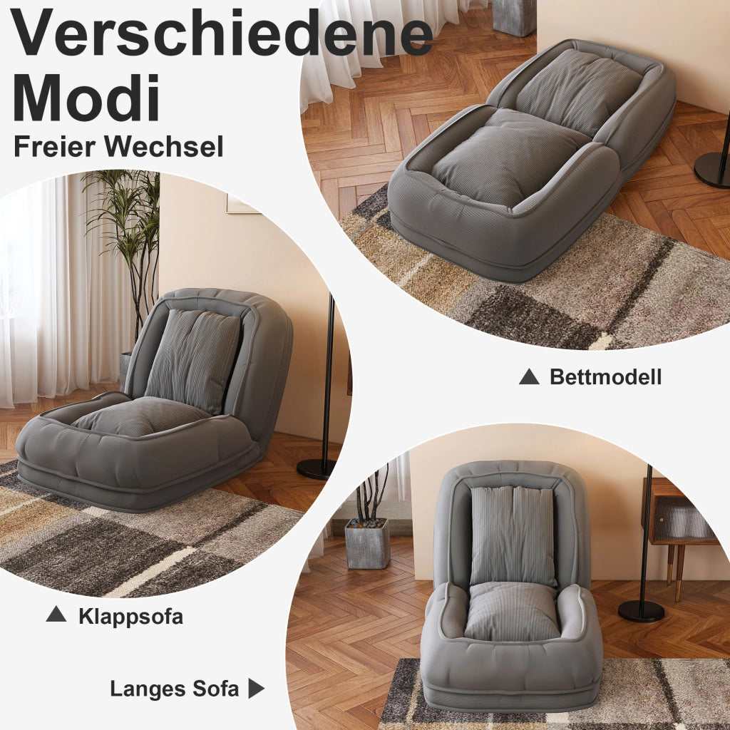 Divano letto ergonomico pieghevole con schienale regolabile a 5 posizioni e 2 cuscini, in tessuto grigio