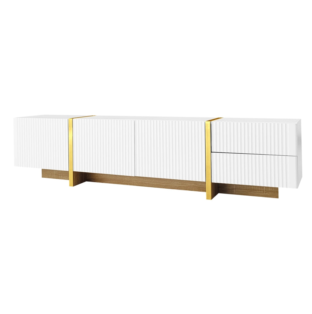 Mobile TV 190 cm con 2 cassetti e 3 ante; bianco e oro con effetto legno