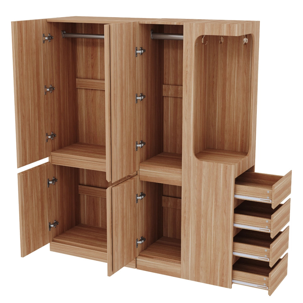 Armadio con 3 ante e 4 cassetti, area appendiabiti aperta e 3 vani contenitore, in legno, naturale 140 × 40 × 170 cm