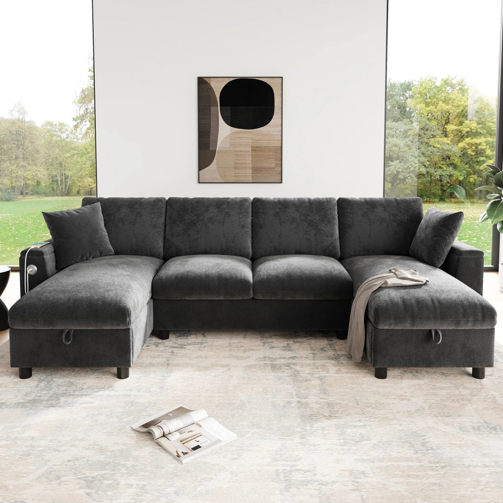 Divano angolare a U con contenitore e porte USB e Type-C in chenille grigio 279 × 135 × 84 cm